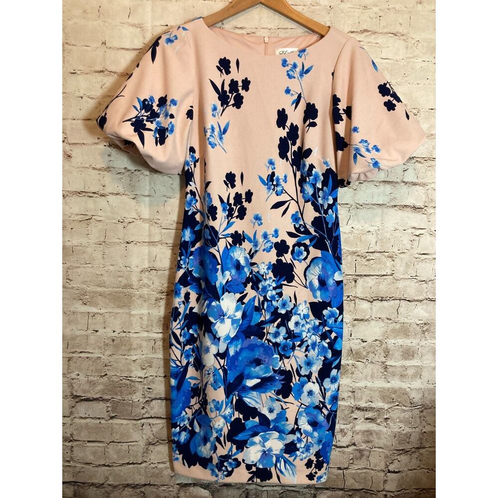 Eliza J Midi Dress Womens 4 Pink &‎ Cobalt Spring Florals Puff Sleeve Sheath